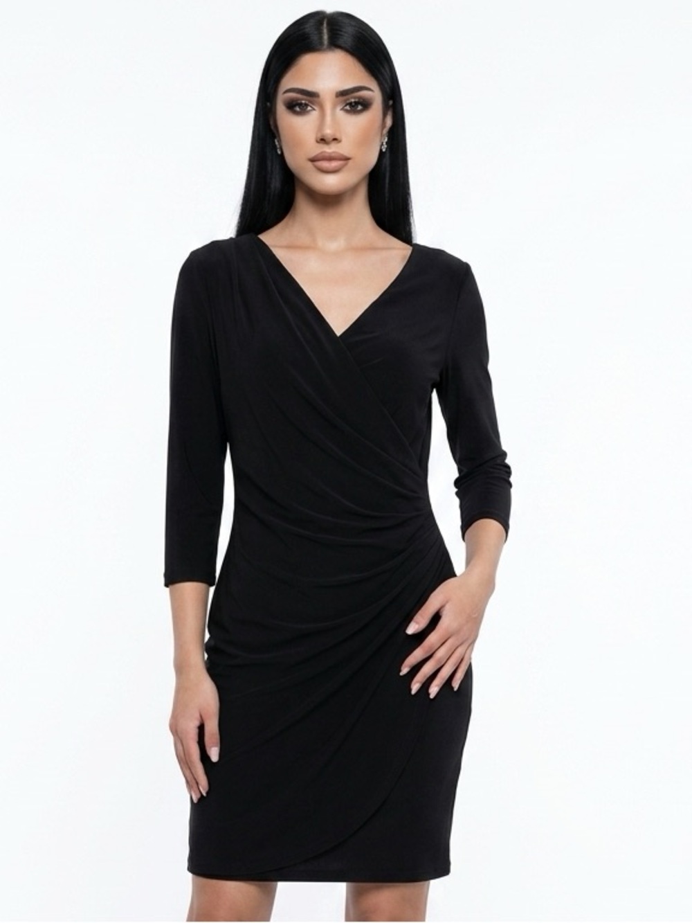 Lauren Ralph Lauren Black Ruched Surplice V-Neck 3/4 Sleeve Sheath Dress Size 8